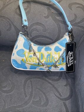 Von Dutch Blue & White Cowprint Mini Shoulder Bag with Yellow Logo